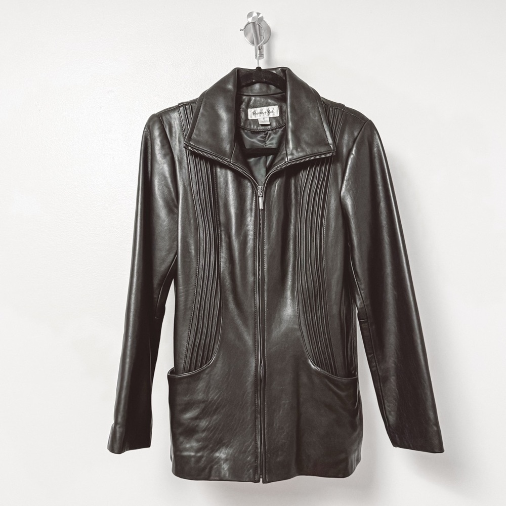 Preston and York Pleated Front Genuine Leather Zip‎ Up Jacket Black Small
